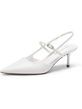 Women's Slingback Kitten Heels Pointed Toe Pumps White Adjustable Strap Heels